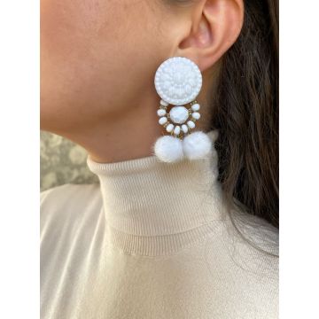 Večji unikatni beli Pom Pom uhani / Big unique white Pom Pom earrings